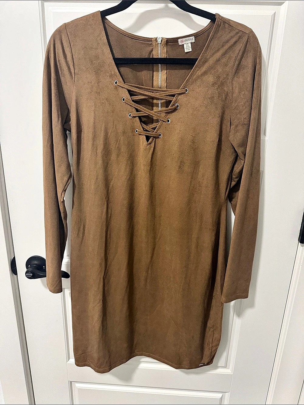 GUESS Lace-Up Mini Dress in Brown Size Large